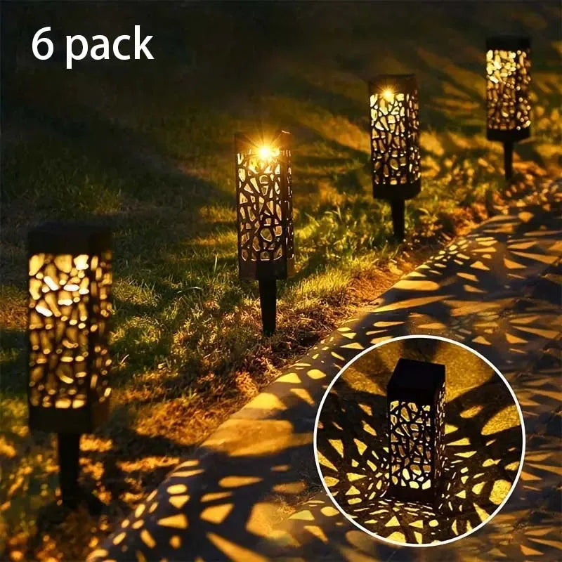 6 pièces LED à énergie solaire piquet de jardin lumières lampes de pelouse creuses décoratives, éclairage paysager extérieur étanche 400 mah