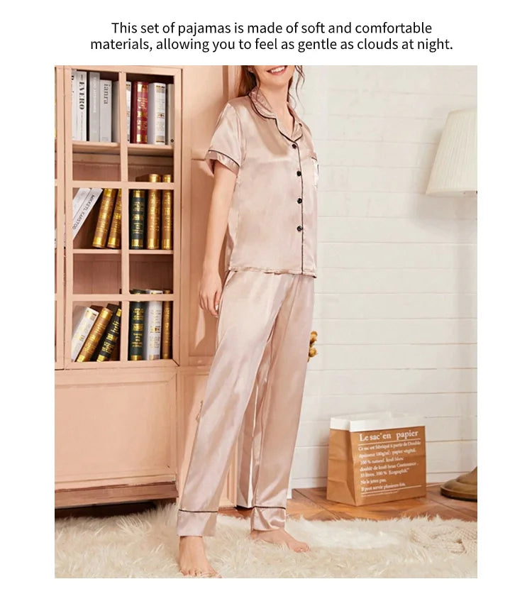 Ensemble de pyjama brodé en satin pour femme, poche, cœur, confortable, manches courtes, bouton, pantalon de salon, vêtements de nuit