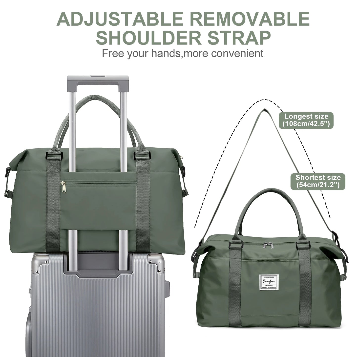 Sac de voyage vert avec sangle d'épaule ajustable et amovible, compatible valise, pratique pour les déplacements