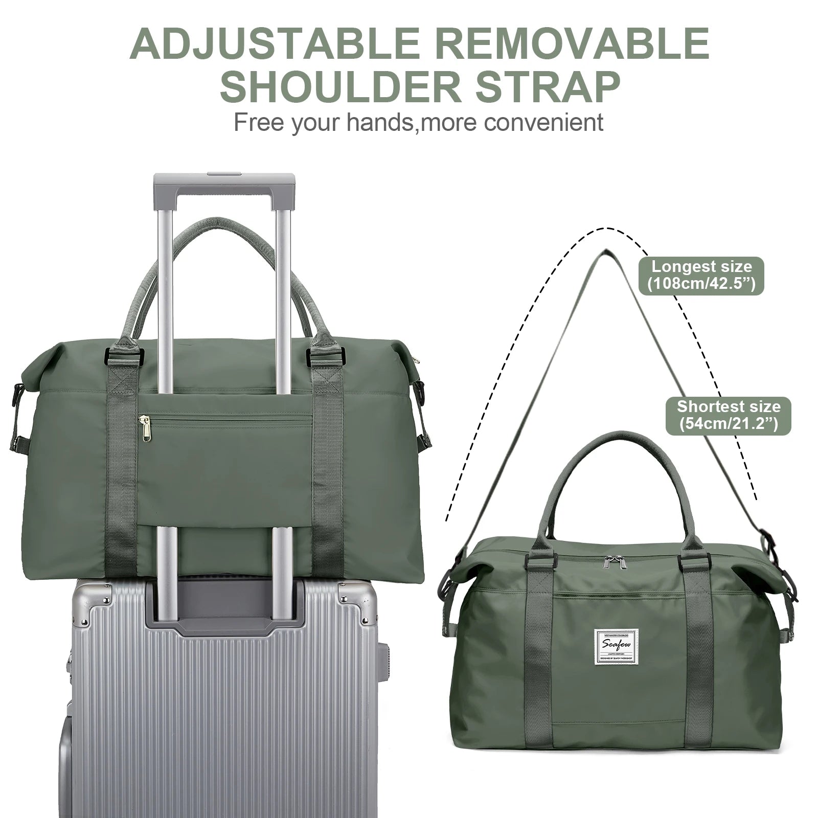 Sac de voyage vert avec sangle d'épaule ajustable et amovible, compatible valise, pratique pour les déplacements