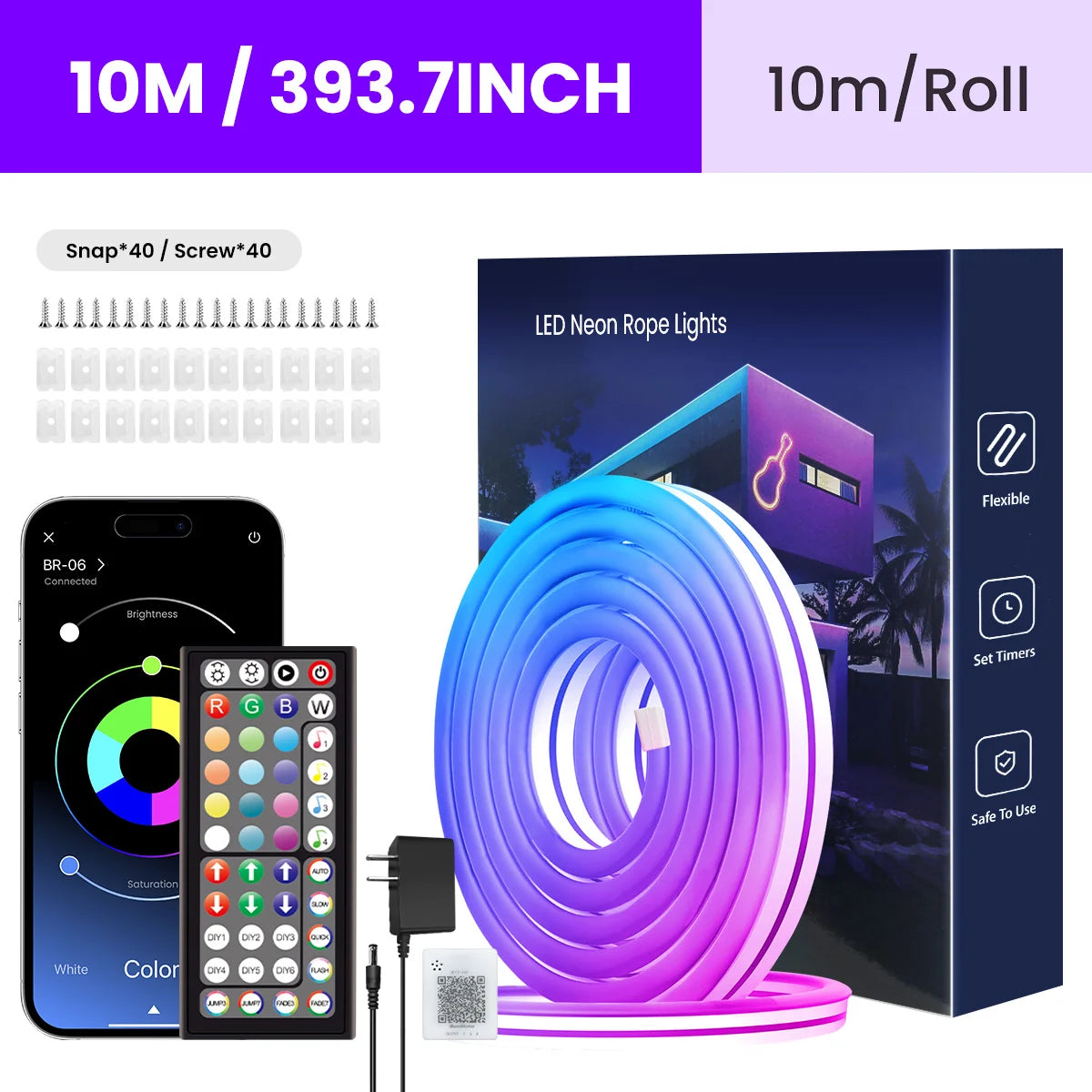 Guirlande LED néon flexible 10m avec télécommande et contrôle via smartphone, éclairage RGB multicolore pour intérieur/extérieur