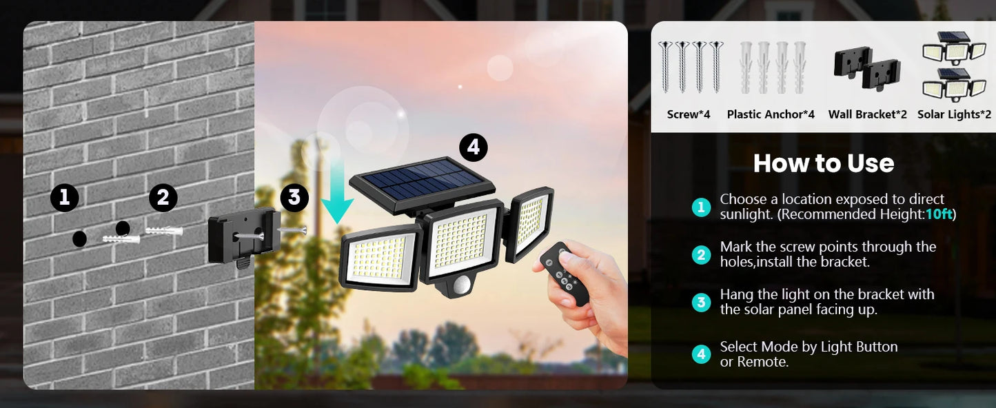 Spot solaire extérieur avec télécommande, installation facile sur mur, éclairage LED pour jardin ou maison