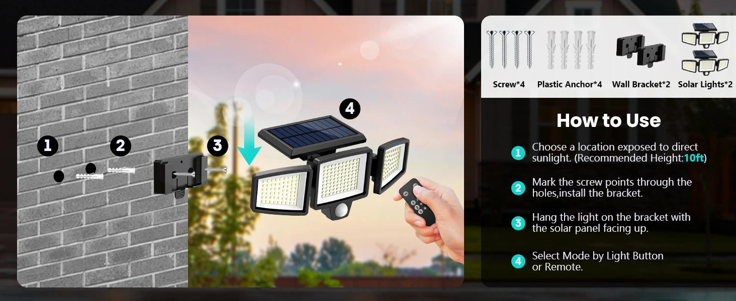 Spot solaire extérieur avec télécommande, installation facile sur mur, éclairage LED pour jardin ou maison