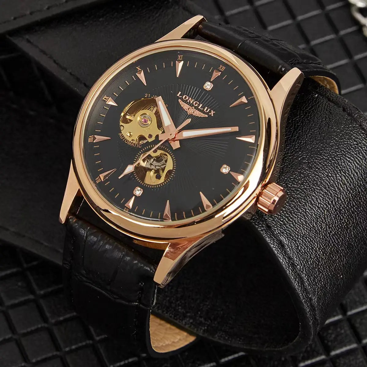 Montre automatique LONGLUX, style élégant, vente en gros, montres mécaniques squelette, cadran romain, étanche, montre homme, cadeau pour homme