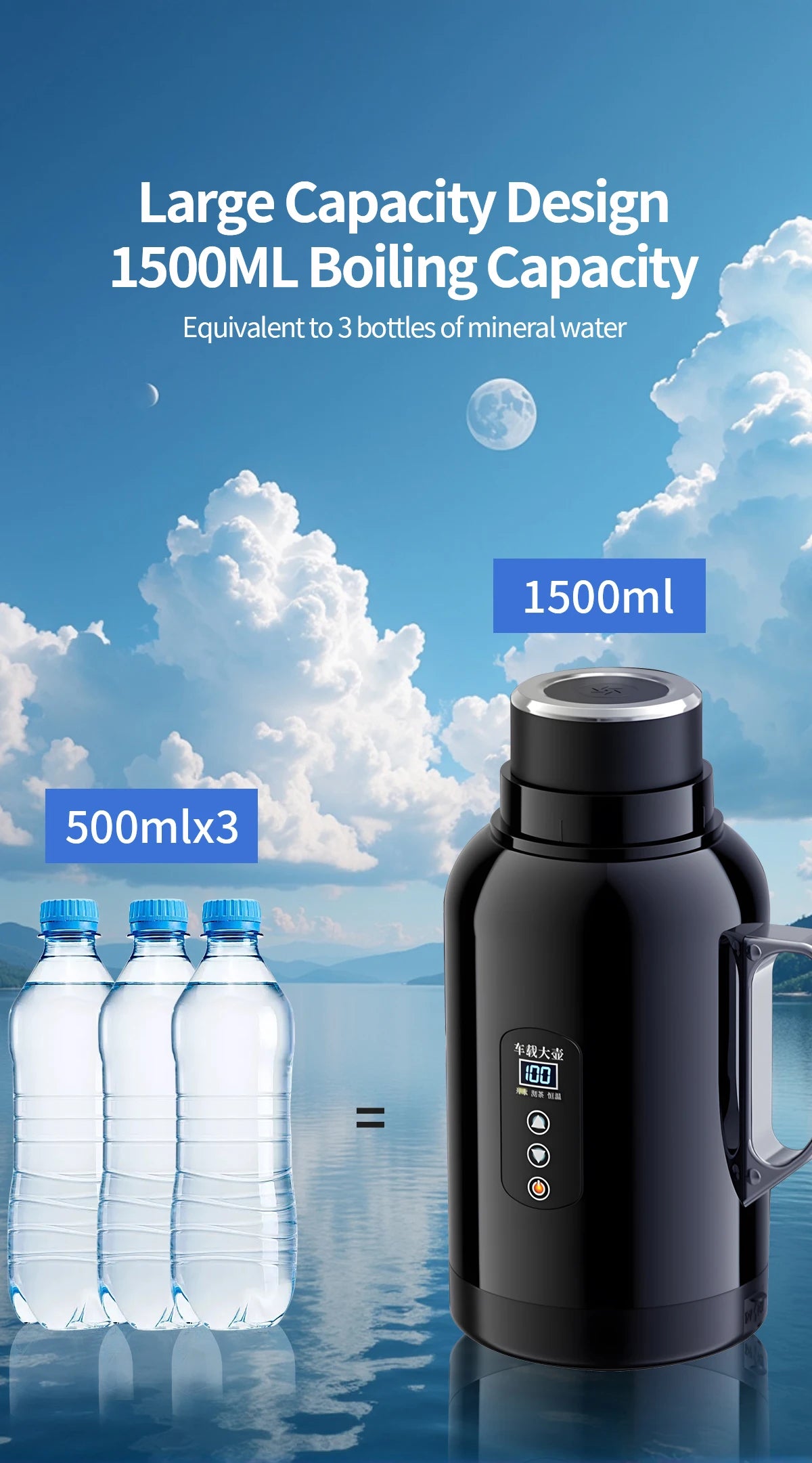 Bouilloire électrique 1500ml, grande capacité équivalente à 3 bouteilles d'eau, design moderne pour voyage