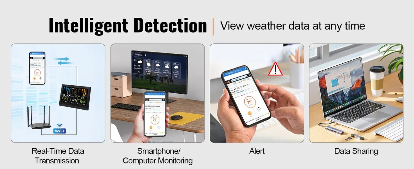 Station météo Wi-Fi 7-en-1 SucceBuy avec écran couleur de 7,5 pouces + capteur extérieur solaire sans fil, alertes de température et d'humidité