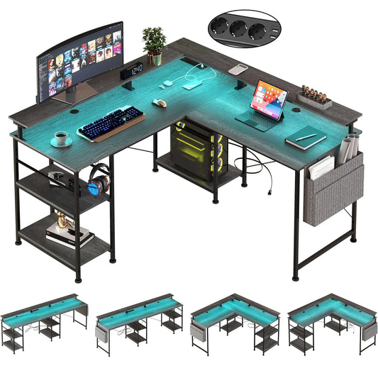 Table d'ordinateur de bureau en forme de L avec prise d'étagère USB LED RGB table de bureau de jeu gris/noir