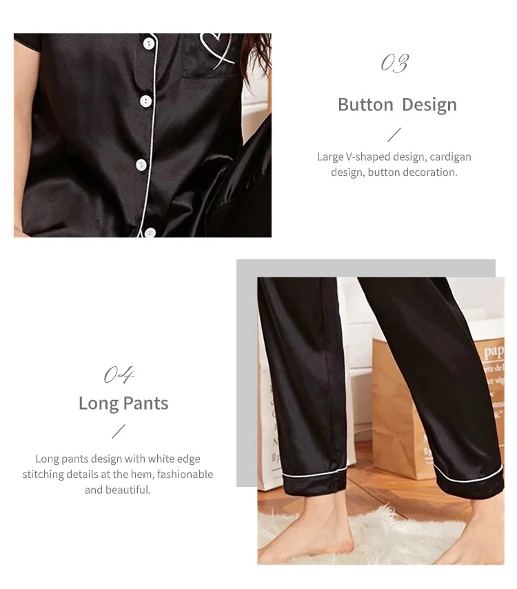 Ensemble de pyjama brodé en satin pour femme, poche, cœur, confortable, manches courtes, bouton, pantalon de salon, vêtements de nuit
