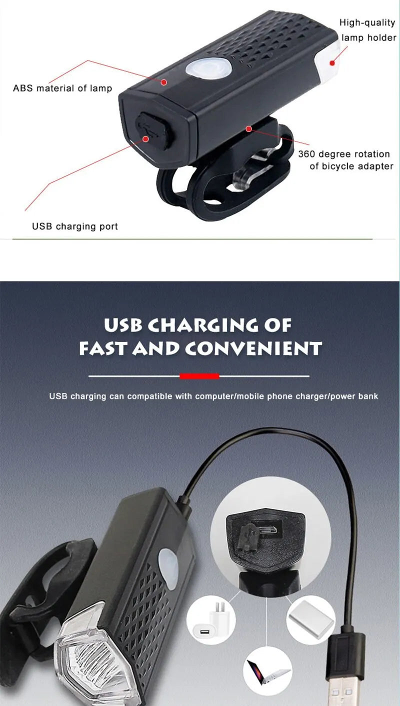 Phare vélo rechargeable USB, matériau ABS, support 360°, charge rapide et pratique pour vélo