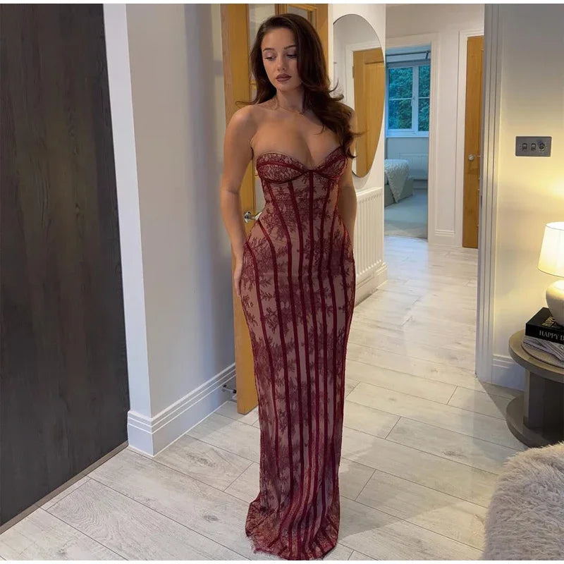 Robe longue chic en gaze sans bretelles, dos nu, épaules dénudées, imprimée, patchwork, slim, pour femme, soirée, 2026