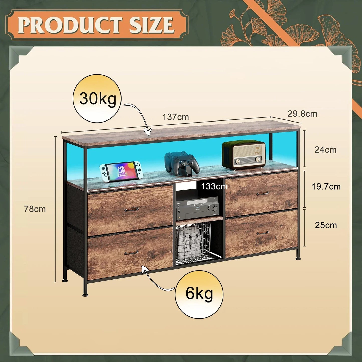 Rosahqnda Meuble TV avec 4 tiroirs, meuble TV, étagères réglables, table TV, meuble TV meuble de salon