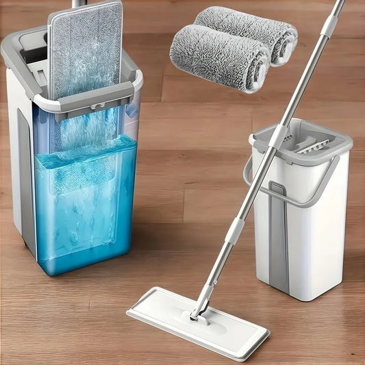 Ensemble serpillière plate et seau mains libres avec 4 tampons en microfibre réutilisables, 360° °   Tête pivotante, long manche pour le nettoyage des sols et des murs