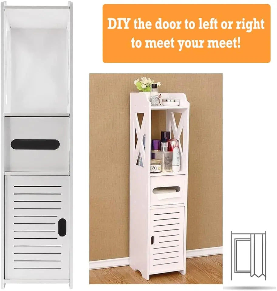 Armoire de rangement blanche avec porte ajustable gauche/droite, idéale pour salle de bain ou entrée