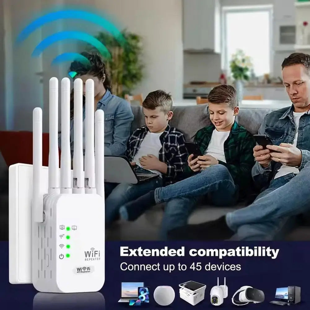 Répéteur WiFi avec 6 antennes, amplificateur de signal pour 45 appareils, usage familial