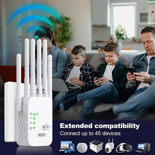 Répéteur WiFi avec 6 antennes, amplificateur de signal pour 45 appareils, usage familial