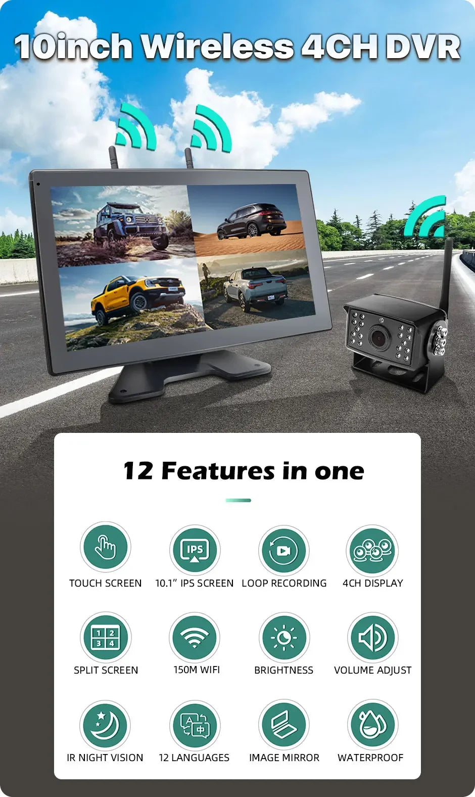 GreenYi 10 pouces AHD numérique sans fil écran tactile DVR enregistrement caméra IR WiFi 4CH moniteur de voiture pour camion/remorque/Bus/RV/SUV