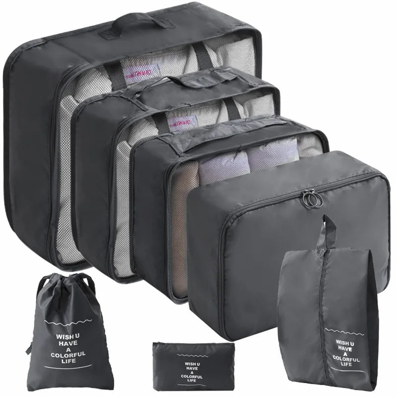 Ensemble de 10/7 pièces, organisateur de voyage, sacs de rangement, valise, Cubes d'emballage, étuis portables, garde-robe, bagages, vêtements, pochette à chaussures pliable