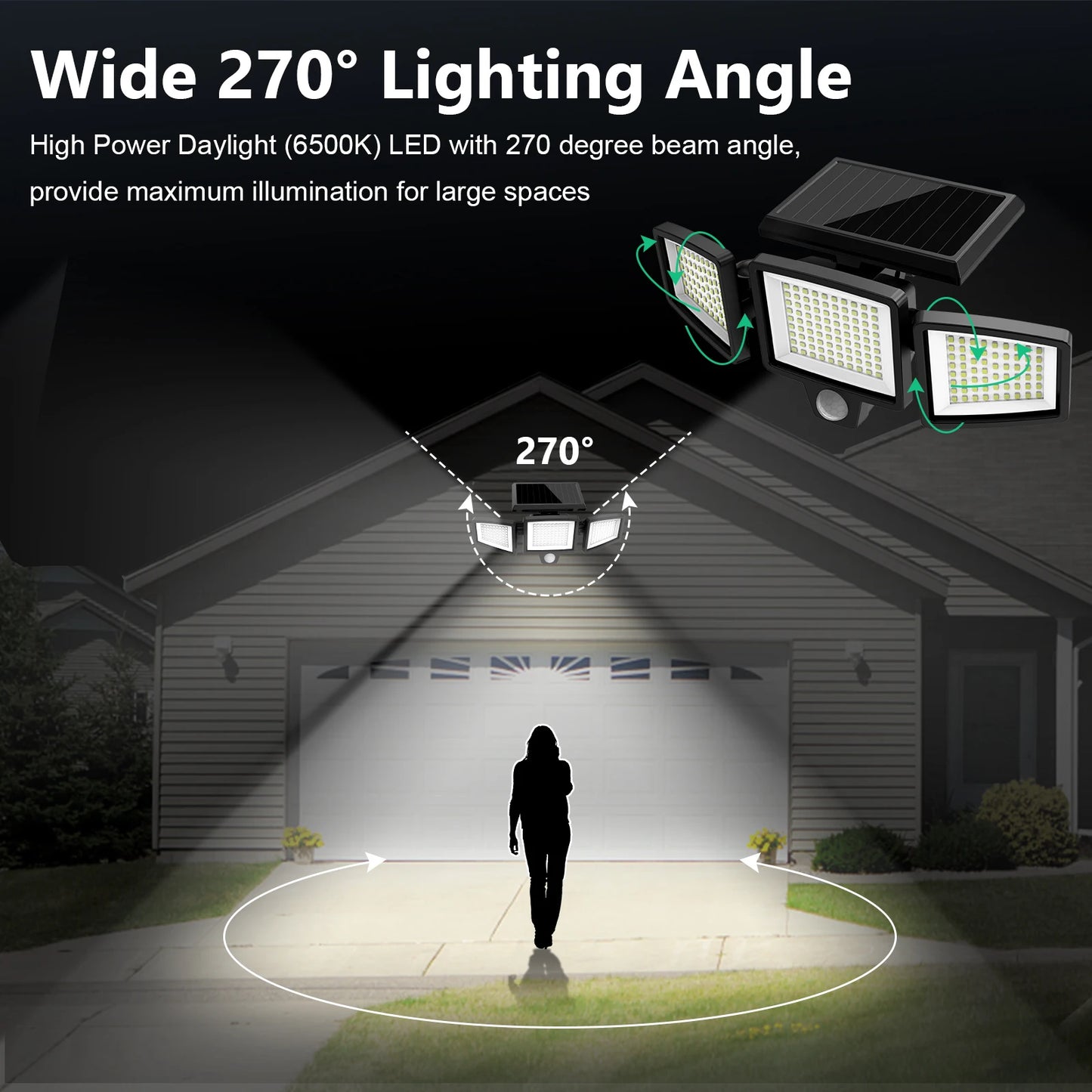 Projecteur solaire LED 270° pour extérieur, éclairage puissant 6500K, idéal sécurité maison et allée