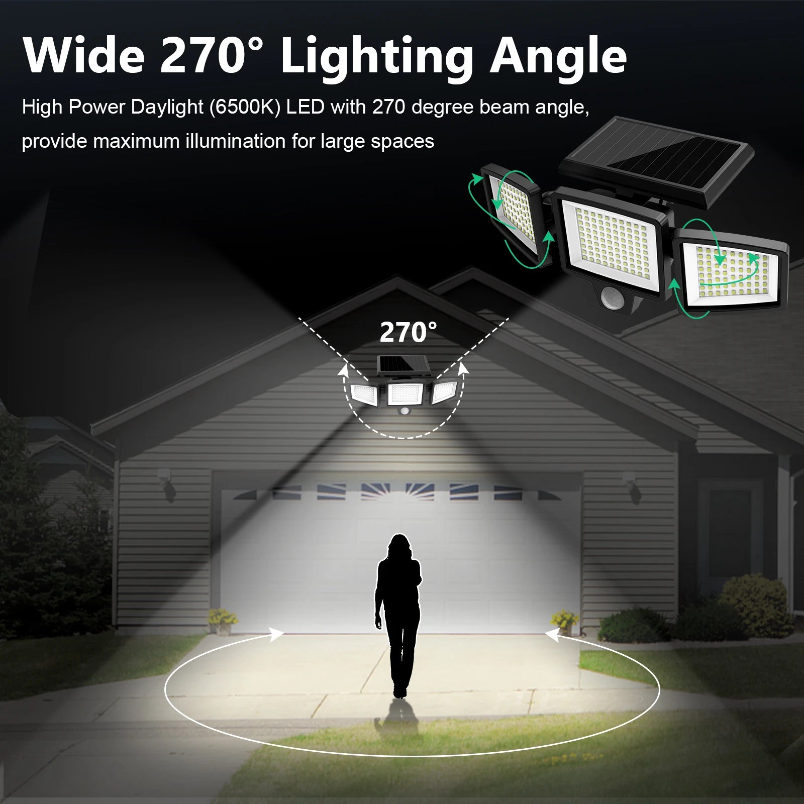 Projecteur solaire LED 270° pour extérieur, éclairage puissant 6500K, idéal sécurité maison et allée