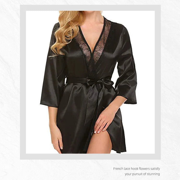 Robe de Nuit Sexy en Satin et Dentelle pour Femme, Chemise Courte, Kimono, Peignoir, Lingerie, Douce, Confortable, Noire, Grande Taille