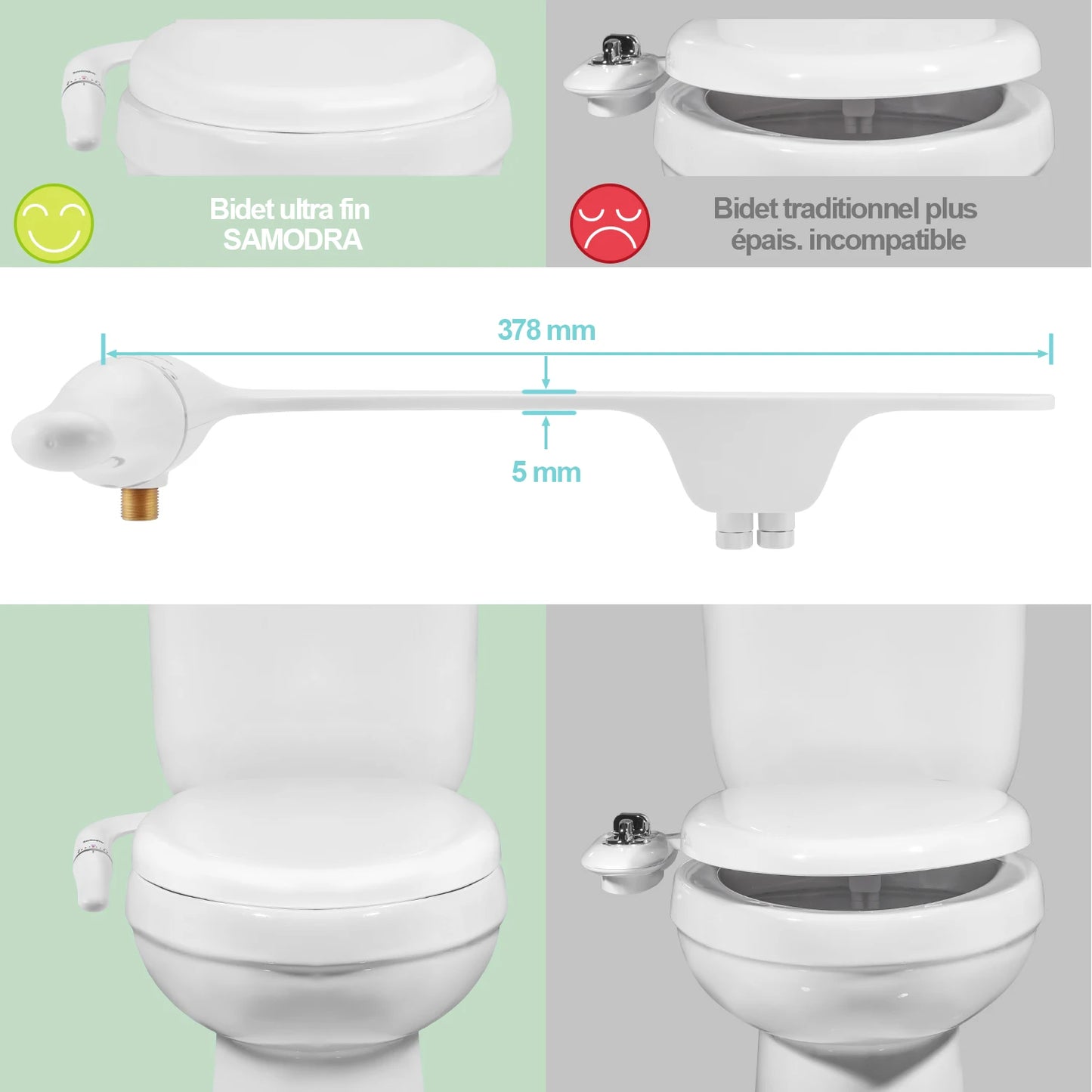 SAMODRA Bidet de toilette Ultra-mince, fixation de siège de toilette avec entrée en laiton, pression d'eau réglable, salle de bain, douche hygiénique