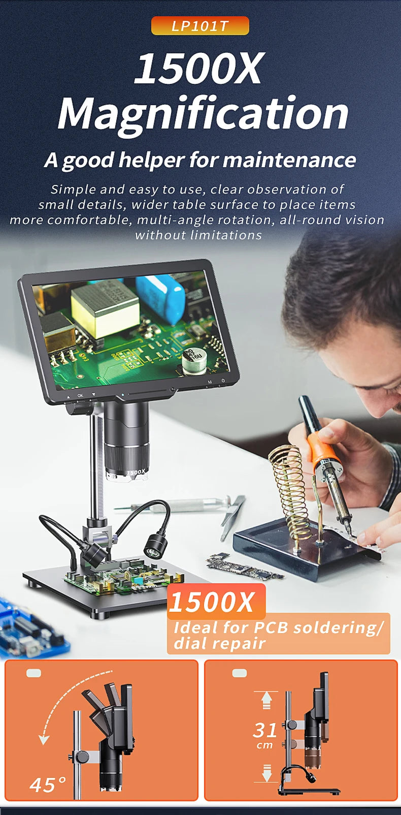 Microscope numérique HDMI 2500X, 3 objectifs 2K, caméra vidéo, écran IPS 10.1 pouces, bricolage, réparation de téléphones électroniques, outils de soudage