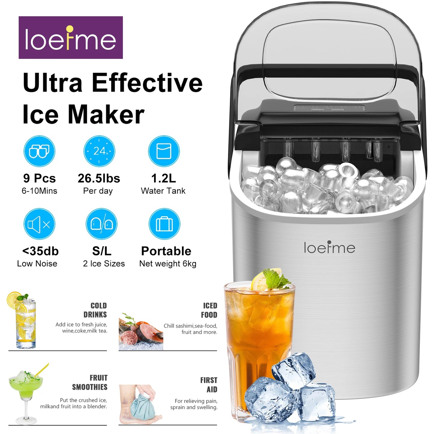 Machine à glaçons portable Loeime, fabrication rapide de glaçons pour boissons fraîches et aliments glacés