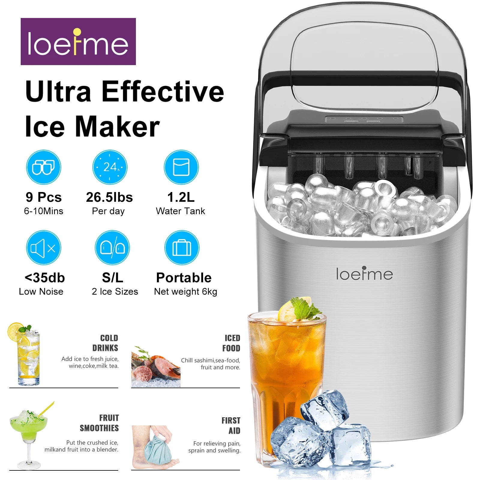 Machine à glaçons portable Loeime, fabrication rapide de glaçons pour boissons fraîches et aliments glacés