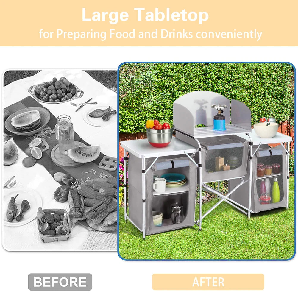 Ensemble de table de cuisine de camping Portable, support de rangement extérieur Vertical, table de préparation pliable avec armoire de rangement