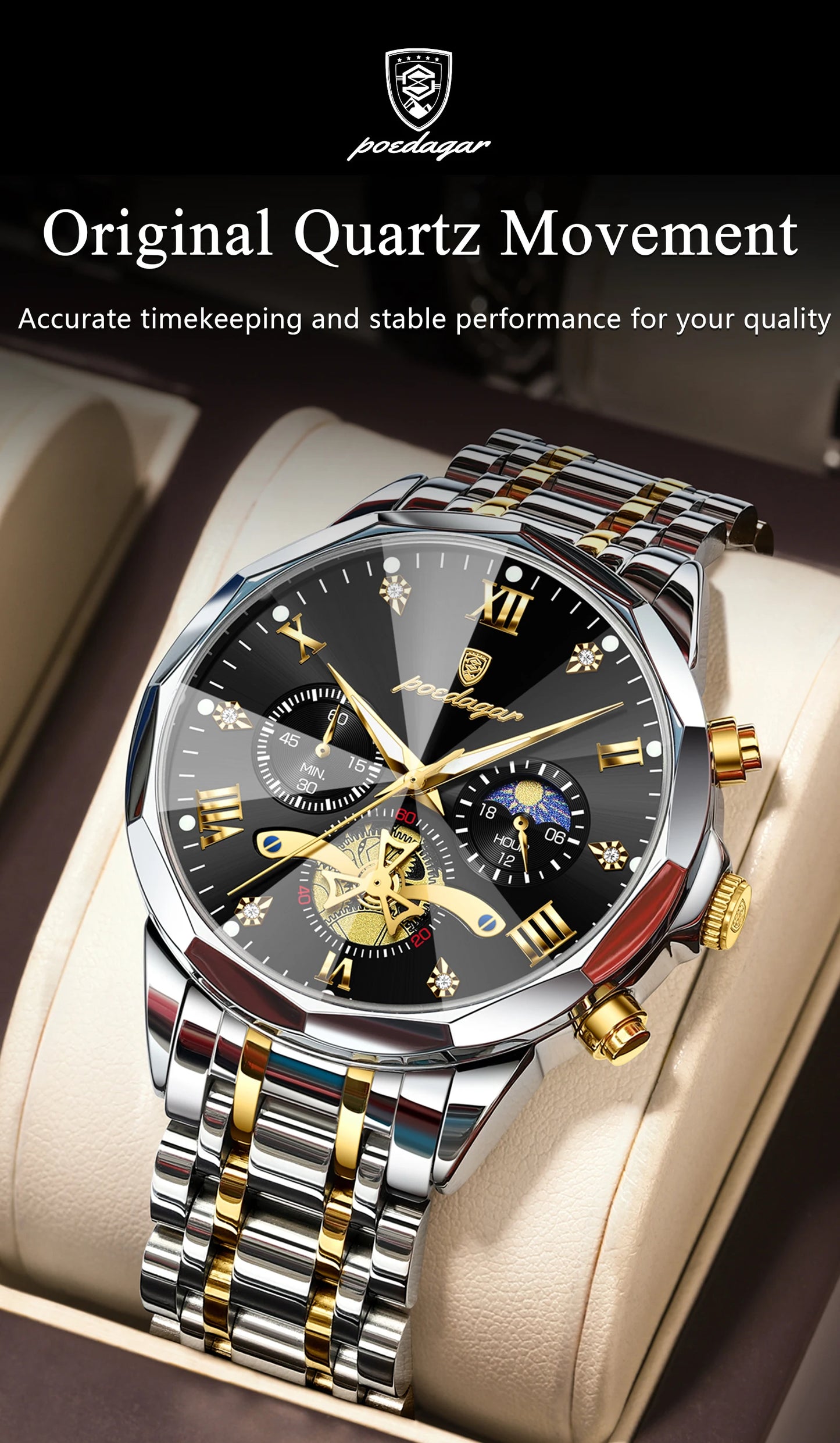 POEDAGAR Montre de luxe pour homme, étanche, chronographe lumineux, montre sport pour homme, acier inoxydable, montre à quartz tendance pour homme, Reloj