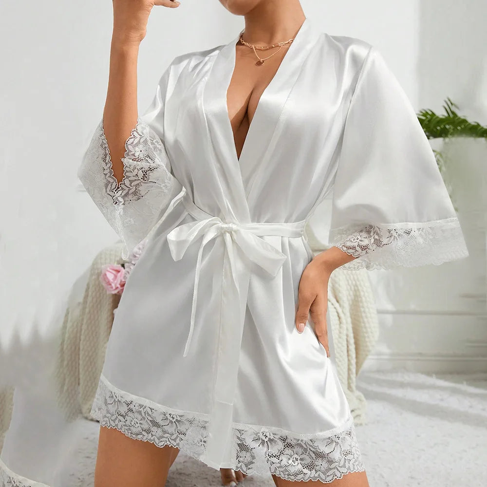 Nouvelle Robe de Nuit Élégante en Satin pour Femme 2025, Kimono Court avec Dentelle, Col en V, Ceinturé, Vêtement de Nuit de Mariée, Cadeau pour Demoiselle d'Honneur