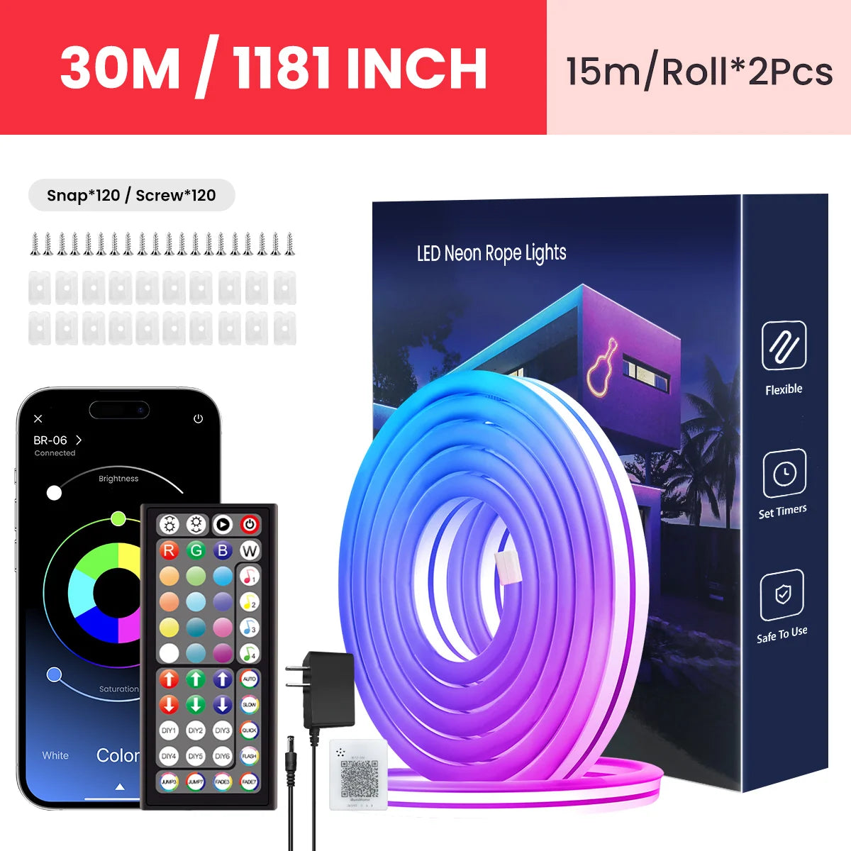 Ruban LED néon RGB flexible avec télécommande et contrôle via smartphone, 30m, éclairage décoratif