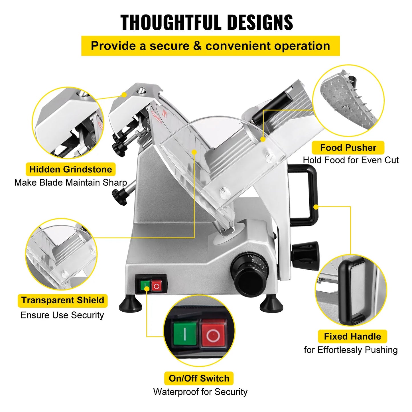 VEVOR Trancheuse Électrique Commerciale 200 W Trancheuse à Jambon Lame 203 mm 350-400 tr/min Trancheuse Charcuterie en Acier Inoxydable et Alu pour Couper en Tranches Viande Fromage Légumes Fruits