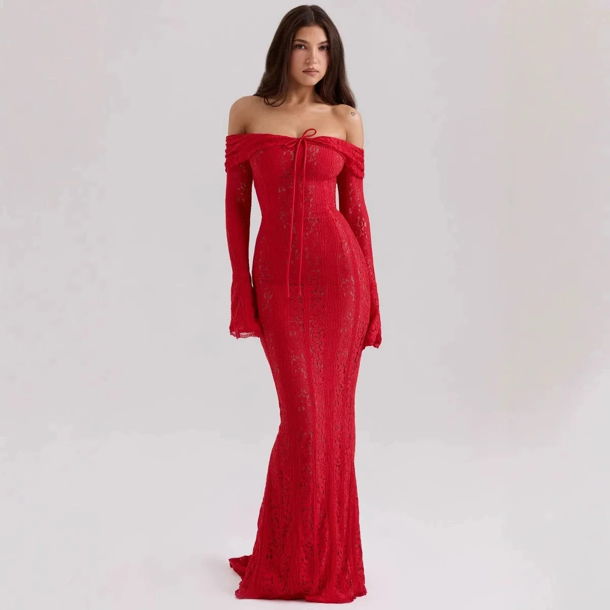 Suninheart Robe Longue Blanche Épaules Dénudées pour Événements - Robe de Soirée Rouge Manches Longues en Dentelle Élégante 2025 - Robe de Mariage Luxueuse, Robe de Bal pour Femmes