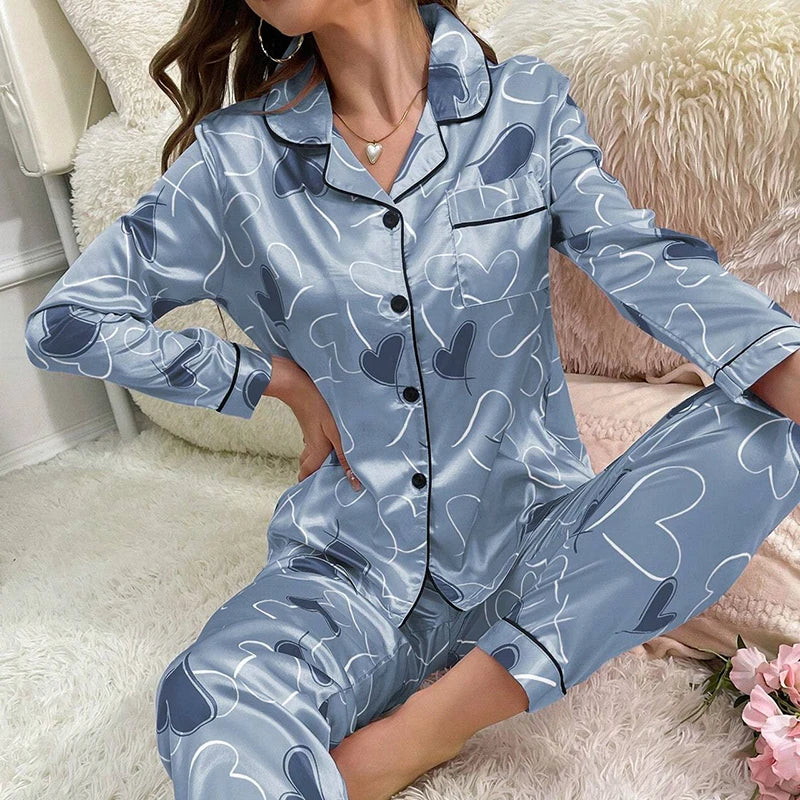Femmes Satin Pyjama décontracté vêtements de nuit maison vêtements costume automne à manches longues boutonné haut et pantalon vêtements de nuit vêtements de détente Pyjama Femme