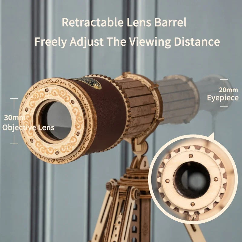 Télescope en bois avec objectif 30mm et oculaire 20mm, tube rétractable pour ajustement de la distance de vision