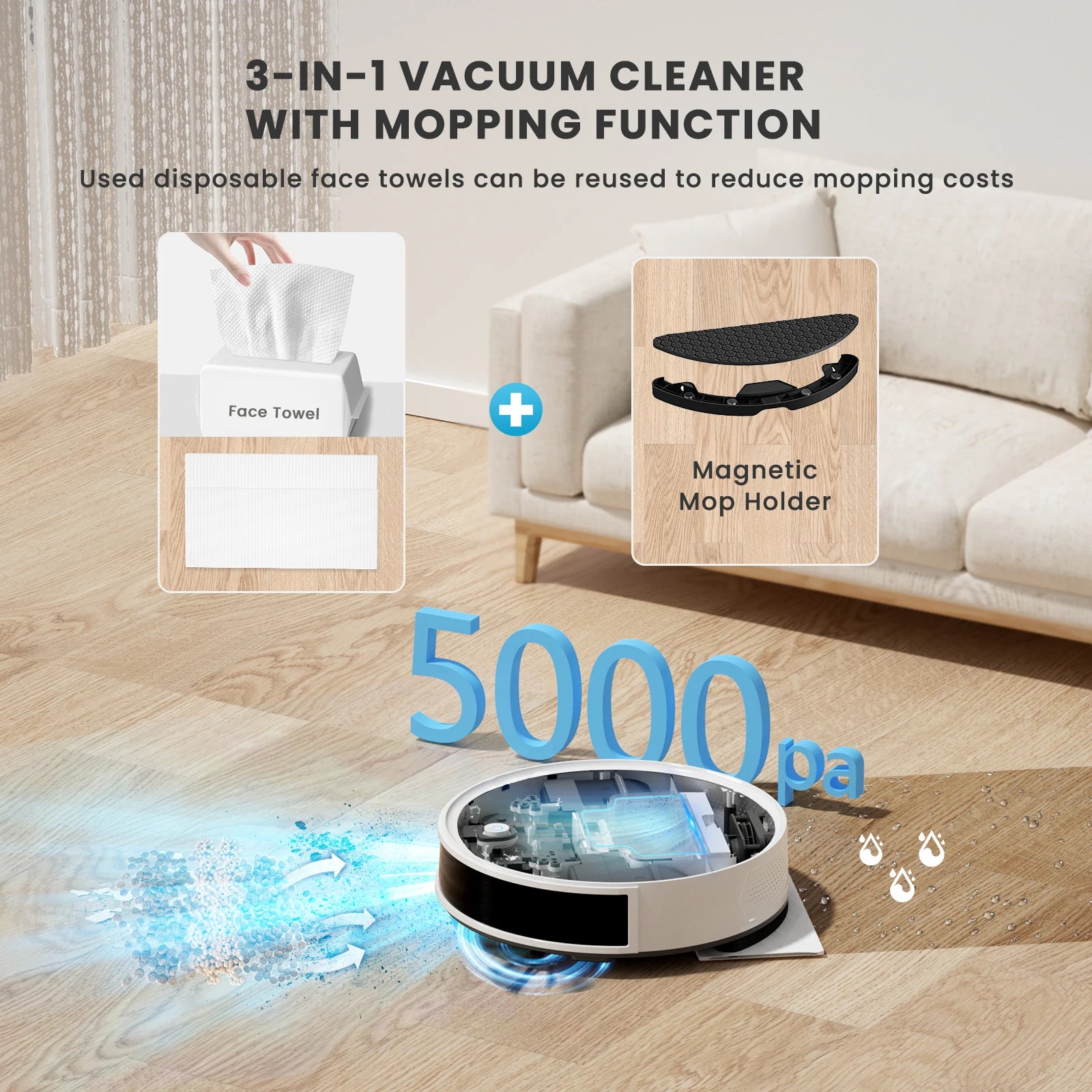 Aspirateur robot 3-en-1 avec fonction balayage et lavage, 5000Pa, serviettes réutilisables, support magnétique