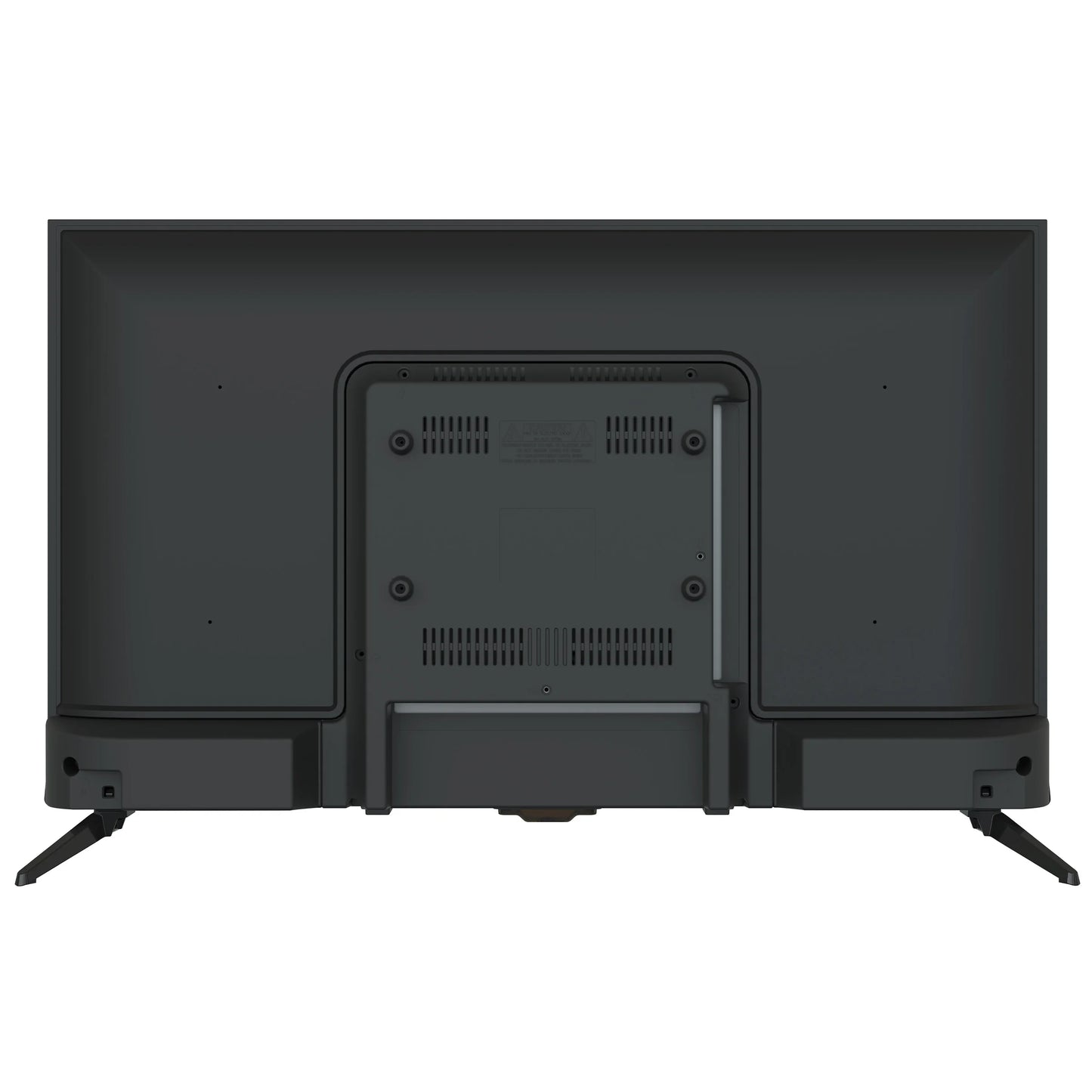 Dos d'un téléviseur LED noir avec pieds et grilles de ventilation, produit high-tech