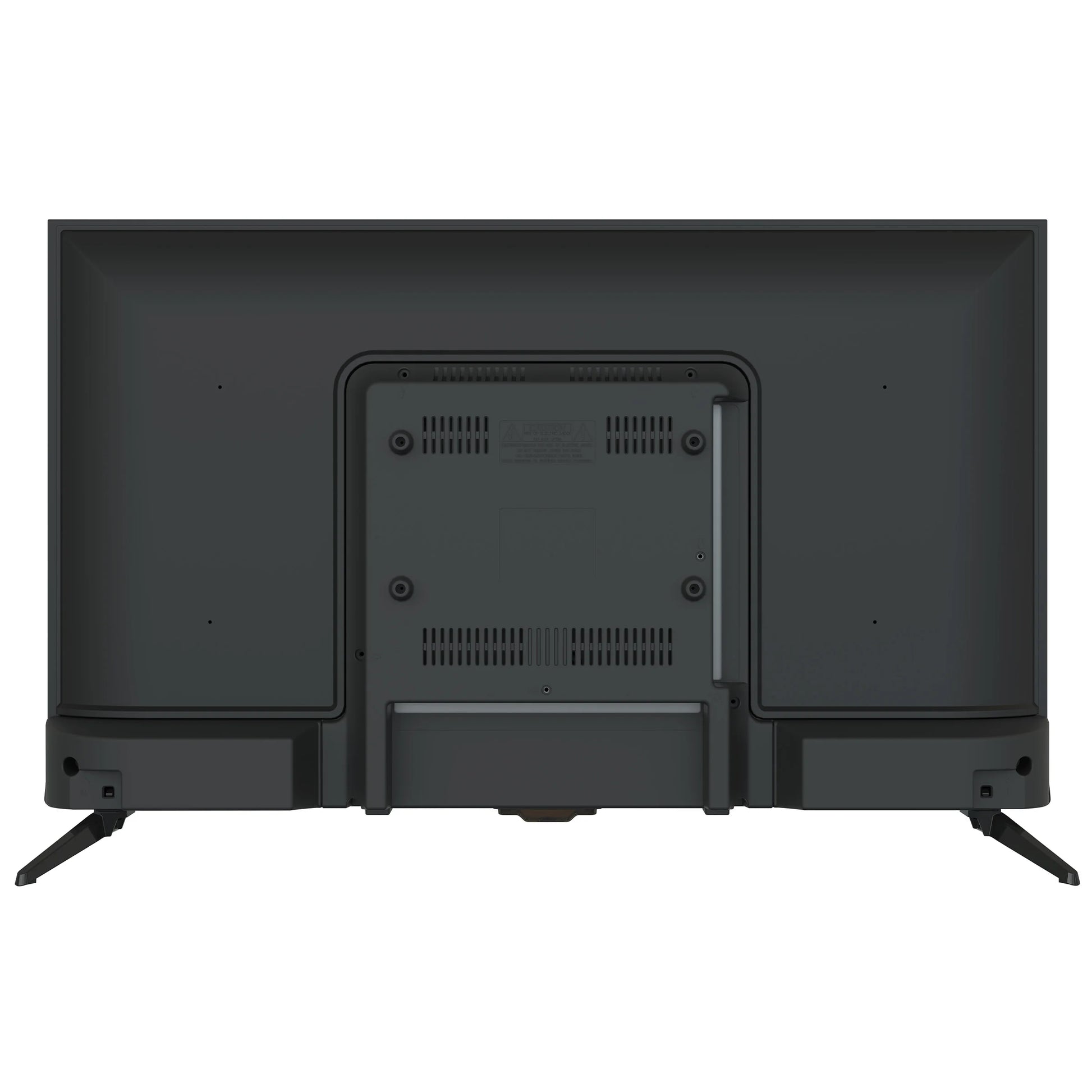 Dos d'un téléviseur LED noir avec pieds et grilles de ventilation, produit high-tech