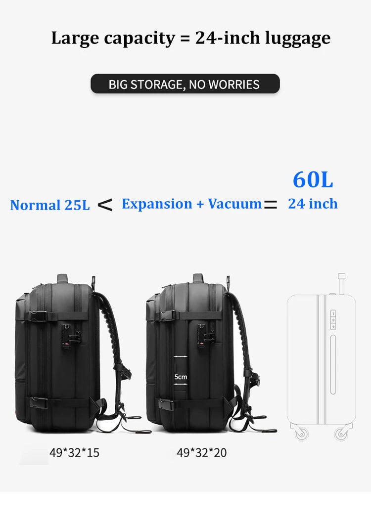 Sac à dos à compression sous vide pour ordinateur portable, sac à dos de voyage pour hommes, grande capacité, sac à dos scolaire, expansion, extérieur, SR, 17 pouces