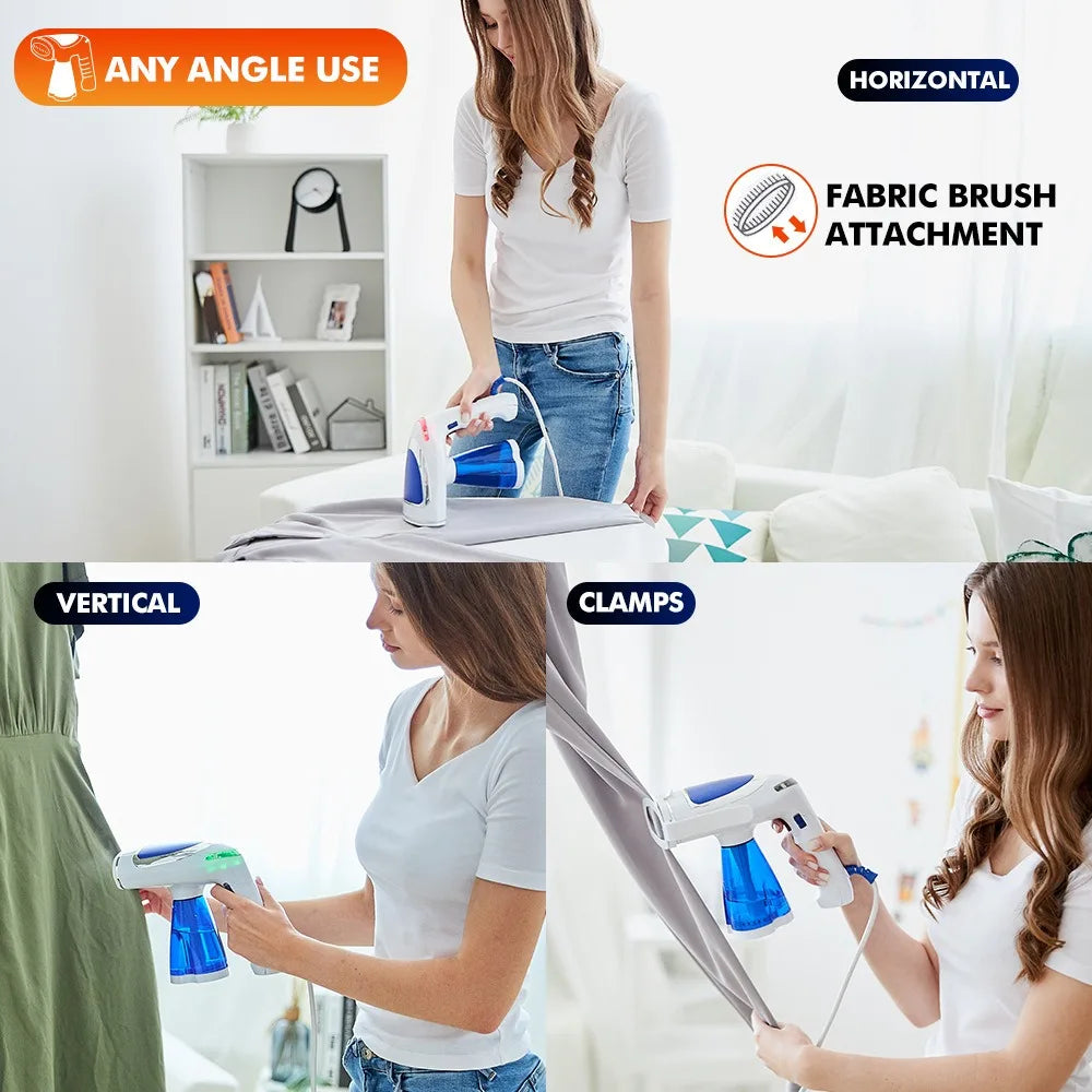 Lisseur vapeur portable avec brosse tissu, usage horizontal et vertical, idéal pour vêtements et rideaux