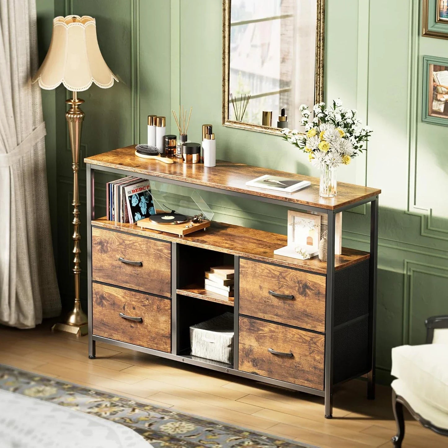 Rosahqnda Meuble TV avec 4 tiroirs, meuble TV, étagères réglables, table TV, meuble TV meuble de salon