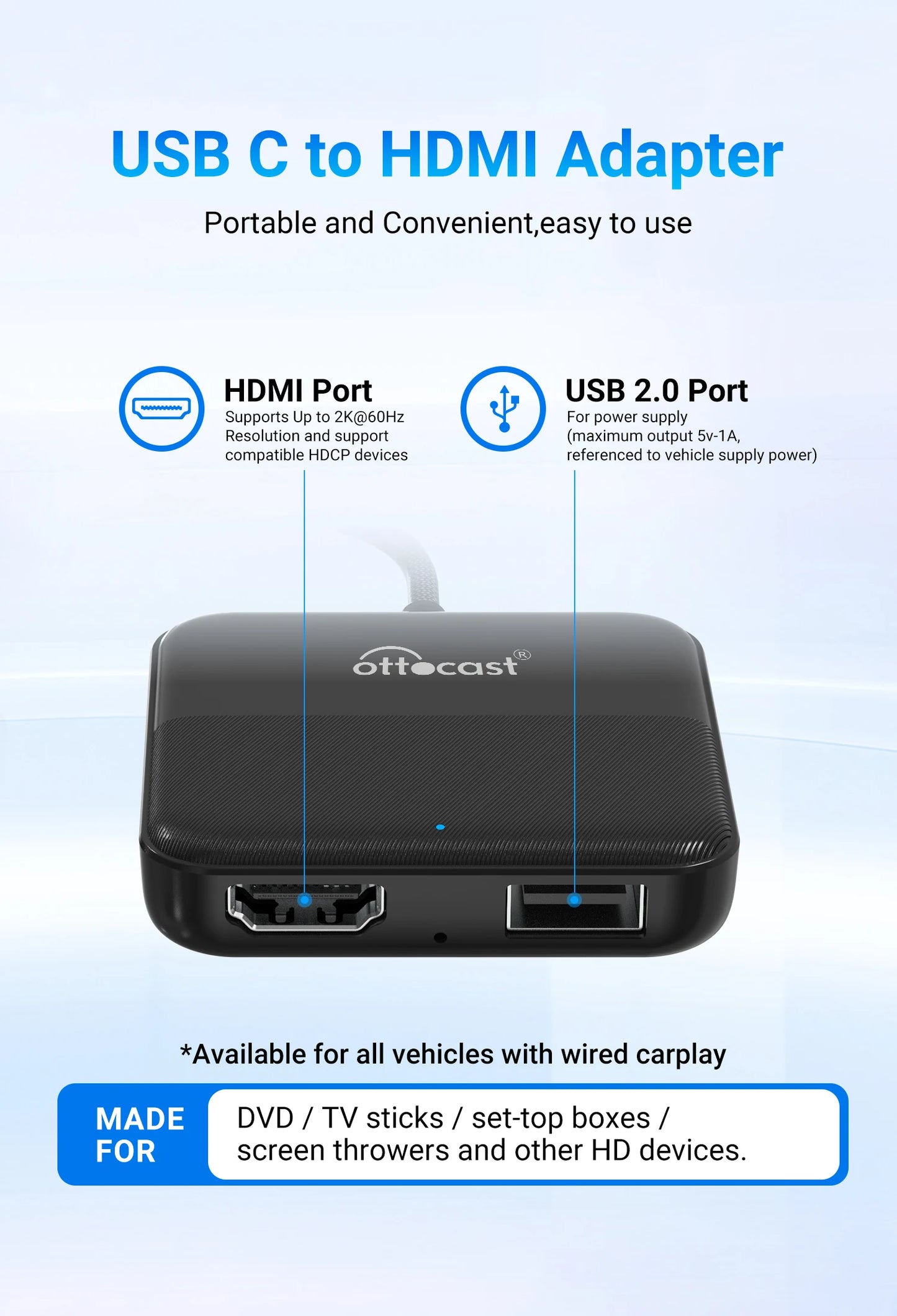Ottocast voiture TV Mate Max Express 4 en 1 sans fil CarPlay Android Auto filaire DisplayPort dispositif écran miroir TV bâton pour voiture