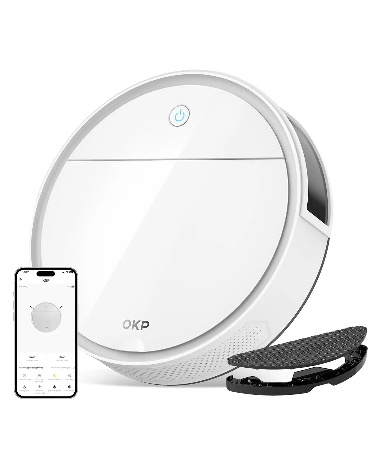 Aspirateur robotique OKP blanc avec contrôle via smartphone et accessoires, gadget high-tech intelligent
