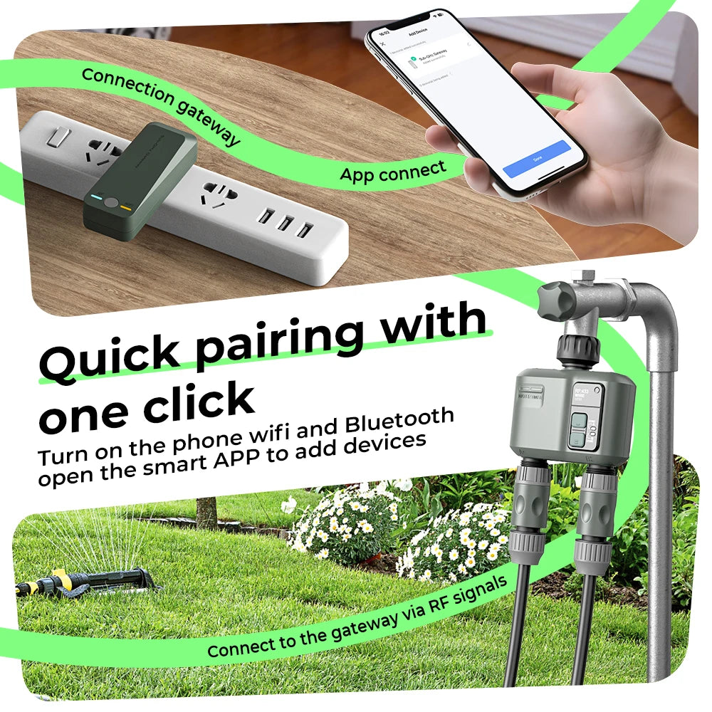 Programmateur d'arrosage automatique Tuya Wifi+RF433 à 2 prises pour l'extérieur, arrosage précis et programmable