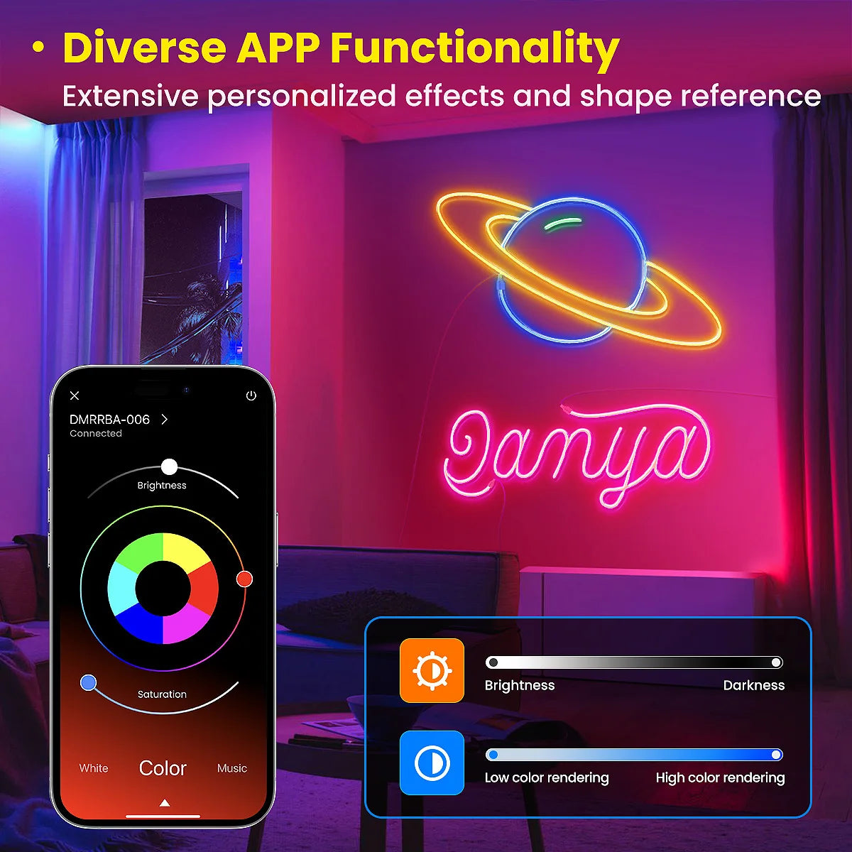 Enseigne néon planète Saturne et prénom personnalisé, contrôlable via appli avec réglage couleur et luminosité