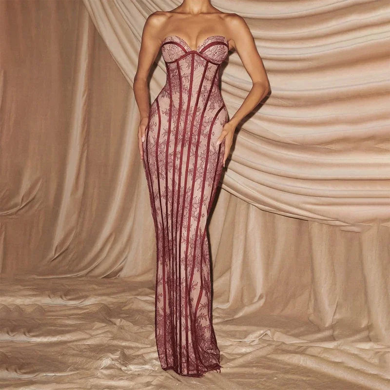 Robe longue chic en gaze sans bretelles, dos nu, épaules dénudées, imprimée, patchwork, slim, pour femme, soirée, 2026