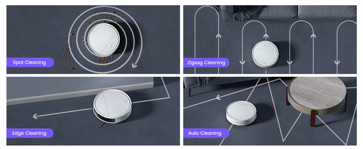 Aspirateur robot intelligent avec nettoyage spot, zigzag, bordures et automatique pour sols modernes