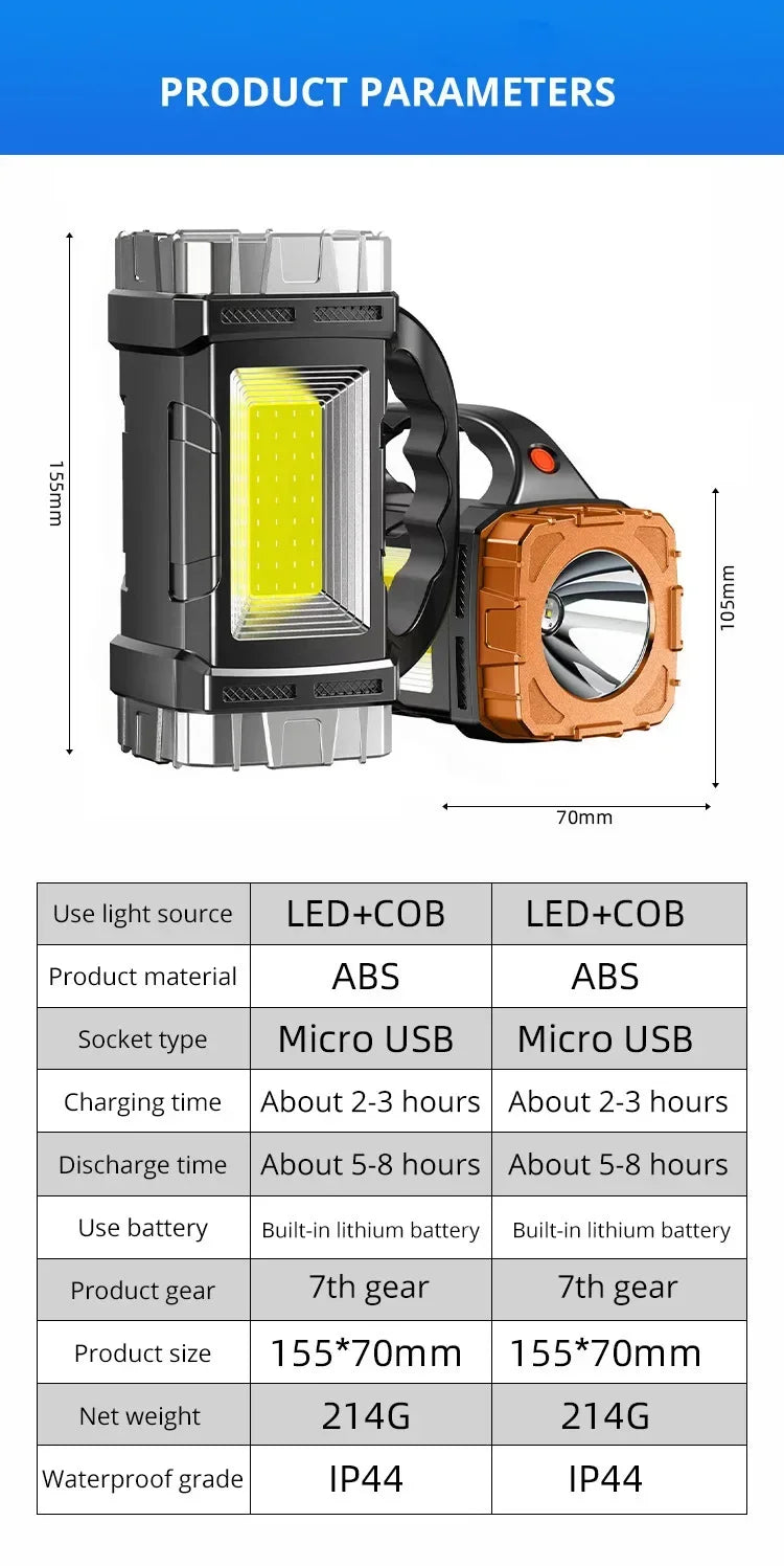 2024 lampe de poche LED puissante USB + lampe de poche solaire Rechargeable COB torche de Camping en plein air projecteur Portable batterie externe en plein air