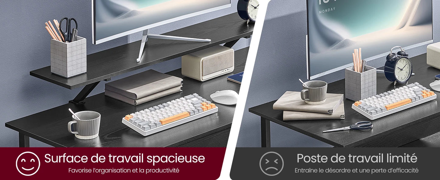 Clavier mécanique blanc et orange sur bureau organisé, comparaison espace de travail optimisé vs encombré